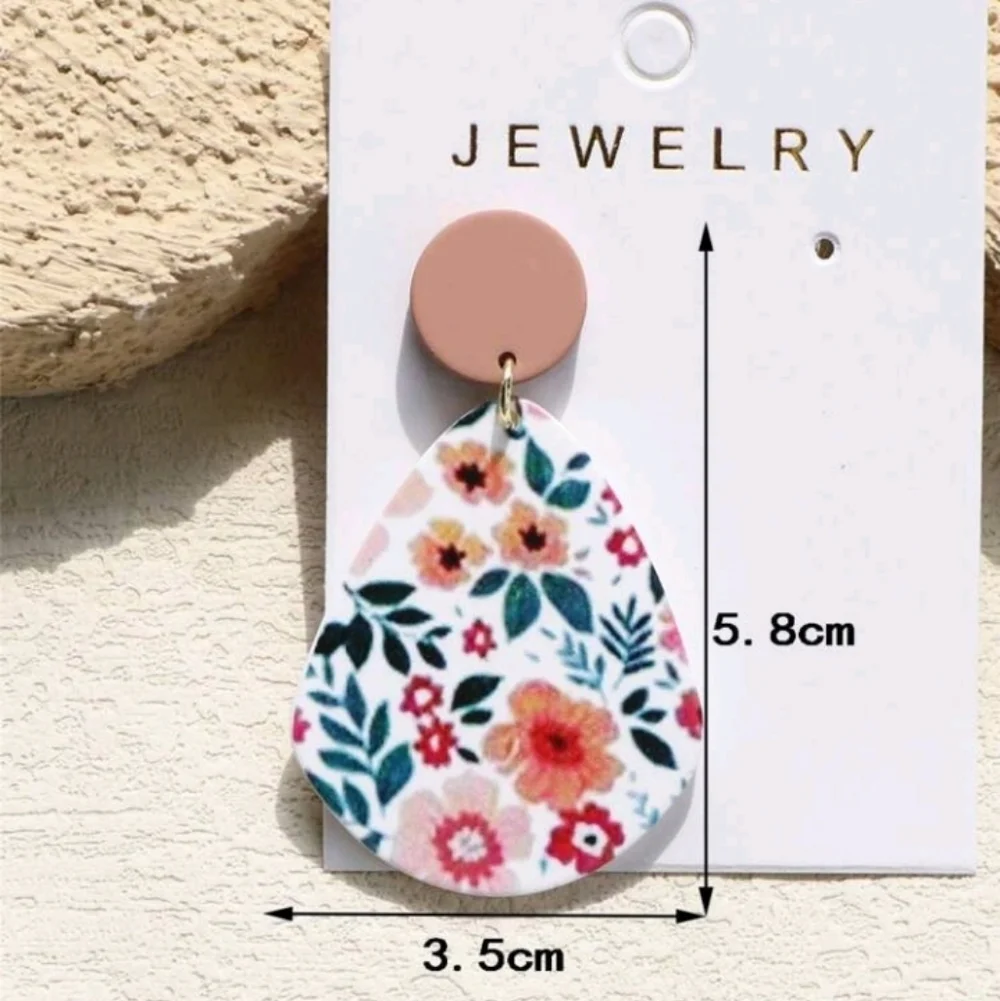 New Floral Teardrop Dangle Earrings Pink Dark Green Leaf Summer Cottagecore